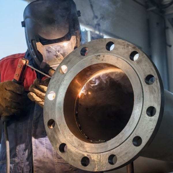 A worker welding a large steel pipe flange